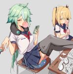  ... 2girls alternate_costume animal_ears black_legwear blonde_hair blue_sailor_collar blue_skirt book bow bowtie bubble_blowing cat_ears cellphone chair chewing_gum commentary_request eyepatch eyewear_removed feet_on_table fischl_(genshin_impact) garter_straps genshin_impact glasses green_eyes green_hair grey_background hair_ribbon hand_up highres holding holding_phone kkry99 korean_commentary long_hair looking_at_viewer looking_to_the_side multicolored_hair multiple_girls nail_polish neck_pillow orange_eyes painting_nails pantyhose pencil phone pleated_skirt red_neckwear ribbon sailor_collar school_uniform semi-rimless_eyewear shirt short_sleeves sitting skirt smartphone solo speech_bubble sucrose_(genshin_impact) tears thigh-highs two_side_up vision_(genshin_impact) white_shirt zettai_ryouiki 