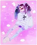  1girl :t black_hair border closed_mouth cross_print cyclops full_body gradient_hair grey_hoodie hand_up head_tilt highres hood hoodie latin_cross long_hair long_sleeves looking_at_viewer muku-chan_(muroku) multicolored_hair muroku_(aimichiyo0526) one-eyed original outline pantyhose pink_background red_eyes sleeves_past_wrists slippers solo twintails white_border white_outline 