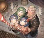  2boys 2girls blonde_hair blue_eyes blue_hair brother_and_sister byleth_(fire_emblem) byleth_eisner_(female) en_mouth father_and_daughter father_and_son fire_emblem fire_emblem:_three_houses green_hair highres japanese_clothes jeralt_reus_eisner kimono korokoro_daigorou looking_at_viewer mother_and_daughter mother_and_son multiple_boys multiple_girls siblings smile ss twins 