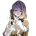  1girl :d ^_^ athenawyrm blush bow brown_bow brown_capelet brown_hair capelet closed_eyes commentary english_commentary facing_viewer fire_emblem fire_emblem:_three_houses garreg_mach_monastery_uniform gun hair_bow handgun holding holding_gun holding_weapon long_hair long_sleeves mercedes_von_martritz open_mouth pistol shirt simple_background smile solo upper_body weapon white_background white_shirt 