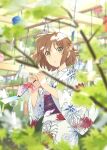  1girl absurdres blush braid brown_hair green_eyes hair_ribbon highres huge_filesize issindotai japanese_clothes kimono looking_at_viewer open_mouth original outdoors plant ribbon scenery short_hair sidelocks solo standing white_kimono yukata 