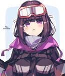  1girl :&lt; bangs black_hair black_jacket blue_background blush breasts closed_mouth eyebrows_visible_through_hair fate/grand_order fate_(series) goggles goggles_on_head high_collar highres jacket long_hair medium_breasts osakabe-hime_(fate/grand_order) outline signature ski_goggles sofra solo twitter_username two-tone_background upper_body violet_eyes white_background white_outline 