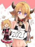  1boy 1girl 2021 :d ^_^ ^o^ ahoge alternate_hair_length alternate_hairstyle animal_costume animal_ears animal_print arknights bare_shoulders bell bell_collar bison_(arknights) blonde_hair blush breasts brush cape clenched_hand closed_eyes collar collarbone cosmetics cow_costume cow_ears cow_horns cow_print cow_tail cowbell dress ear_tag facing_viewer flying_sweatdrops frilled_dress frilled_skirt frills gloves hair_between_eyes hair_ribbon heart hm_(hmongt) holding holding_sign horns long_hair long_sleeves makeup_brush mars_symbol navel open_mouth pink_ribbon ribbon sign skirt sleeveless small_breasts smile sora_(arknights) tail teeth thigh-highs twintails venus_symbol violet_eyes wavy_mouth white_legwear wolf_ears zeto_(legaia_densetsu) 