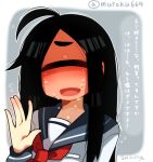  1girl :d ahoge black_hair blush closed_eyes cyclops facing_viewer flying_sweatdrops full-face_blush grey_background grey_sailor_collar hand_up long_hair muku-chan_(muroku) muroku_(aimichiyo0526) neckerchief one-eyed open_mouth original outline red_neckwear sailor_collar shirt smile solo sweat twitter_username upper_body white_outline white_shirt 