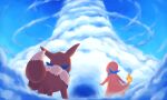  bandana blue_sky blue_theme charmander clothed_pokemon clouds commentary day eevee fire fisheye from_behind fushigi_no_dungeon gen_1_pokemon hierotubas highres looking_up outdoors pokemon pokemon_(game) pokemon_mystery_dungeon sky standing tower 