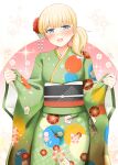  1girl :d blonde_hair blue_eyes blush eyebrows_visible_through_hair floral_print green_kimono japanese_clothes kantai_collection kimono long_sleeves obi one_side_up open_mouth print_kimono rui_shi_(rayze_ray) sash shin&#039;you_(kantai_collection) short_hair smile solo sparkle wide_sleeves 