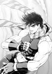  1boy bare_shoulders battle_tendency belt clenched_hand commentary_request crop_top fingerless_gloves gloves greyscale jojo_no_kimyou_na_bouken joseph_joestar_(young) looking_at_viewer male_focus midriff monochrome muscular navel pants scarf short_hair sleeveless smile solo striped striped_scarf sumo_(komokomo1201) tank_top tight 