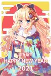  1girl 2021 absurdres black_bow blonde_hair blue_eyes blue_flower blue_kimono blush bow brown_flower closed_mouth egasumi floral_print flower fur_collar hair_bow hair_flower hair_ornament happy_new_year highres holmemee japanese_clothes kimono long_hair long_sleeves looking_at_viewer nail_polish new_year ponytail princess_connect! princess_connect!_re:dive print_kimono red_background red_flower red_nails saren_(princess_connect!) smile solo translation_request two-tone_background very_long_hair wide_sleeves yellow_background 