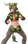  1girl animal_ears aurochs_(kemono_friends) black_legwear breast_pocket brown_eyes brown_hair camouflage camouflage_shirt camouflage_skirt clenched_hands closed_mouth collared_shirt commentary_request cow_ears cow_girl cow_horns cow_tail cropped_shirt empty_eyes extra_ears eyebrows_visible_through_hair feet_out_of_frame fighting_stance green_hair hair_between_eyes highres horizontal_pupils horns kemono_friends long_sleeves microskirt midriff multicolored_hair navel necktie pantyhose pocket red_neckwear serious shiny shiny_hair shirt short_hair short_over_long_sleeves short_sleeves sidelocks simple_background skirt solo standing stomach tail tan tanabe_(fueisei) white_background 
