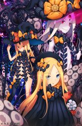  3girls abigail_williams_(fate/grand_order) absurdres bangs bare_shoulders black_bow black_dress black_headwear black_legwear black_panties blonde_hair blue_eyes blush bow breasts colored_skin dress fate/grand_order fate_(series) forehead glowing glowing_eye grin hair_bow hat highres karikun77 keyhole long_hair looking_at_viewer multiple_bows multiple_girls multiple_persona navel open_mouth orange_bow panties parted_bangs polka_dot polka_dot_bow red_eyes ribbed_dress single_thighhigh sleeves_past_fingers sleeves_past_wrists small_breasts smile stuffed_animal stuffed_toy teddy_bear tentacles thigh-highs third_eye underwear white_hair white_skin witch_hat 