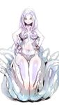  1girl black_sclera blush bow_(bhp) breasts closed_mouth colored_sclera hands_on_hips horizontal_pupils long_hair looking_at_viewer medium_breasts monster_girl navel original purple_hair scylla simple_background smile solo tentacles white_background yellow_eyes 