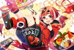  1girl 2021 :d ahoge akabeko artist_name bandaid bandaid_on_nose bangs blunt_bangs brown_eyes chopsticks commentary_request cup eyebrows_visible_through_hair finger_to_mouth flip-flops food food_on_face happy_new_year hikimayu holding holding_chopsticks hood hood_down hoodie horns jin_akhr leg_warmers looking_at_viewer lunchbox multicolored_hair new_year obentou open_mouth original puffy_shorts redhead sakazuki sandals short_eyebrows short_hair shorts signature smile solo star_(symbol) tassel teapot wide_sleeves 