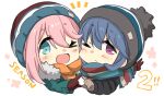  &gt;_o 2girls ;d bangs beanie black_headwear black_jacket blue_eyes blue_hair blush brown_gloves brown_scarf chibi commentary_request eyebrows_visible_through_hair fur-trimmed_jacket fur_trim gloves green_jacket hair_between_eyes hat heart heart_hands heart_hands_duo highres hizuki_yayoi jacket kagamihara_nadeshiko long_hair long_sleeves looking_at_viewer multiple_girls notice_lines one_eye_closed open_mouth pink_hair red_gloves scarf shima_rin simple_background smile upper_body violet_eyes white_background yurucamp 