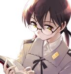  1girl book brown_eyes brown_hair gertrud_barkhorn glasses insignia military military_uniform niina_ryou reading strike_witches twintails uniform world_witches_series 