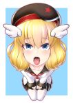  ash_arms beret blonde_hair blue_eyes blush breasts c-clock commentary_request hair_ornament hat highres looking_at_viewer medium_hair open_mouth pantyhose saliva school_uniform simple_background sitting small_breasts tongue tongue_out white_legwear 