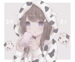  1girl 2021 animal_costume animal_print brown_hair clip_studio_paint_(medium) cow_costume cow_girl cow_print highres looking_at_viewer nengajou new_year original oshio_(oshioshio6u6) simple_background solo upper_body violet_eyes 