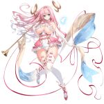  1girl bangs blue_eyes breasts dennou_tenshi_jibril elbow_gloves floating_hair full_body garter_straps gloves holding holding_instrument huge_breasts instrument long_hair looking_at_viewer official_art pink_hair red_ribbon ribbon smile solo thigh-highs transparent_background trumpet under_boob white_gloves white_legwear 