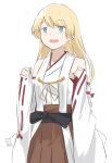  1girl blonde_hair blue_eyes brown_skirt cosplay detached_sleeves japanese_clothes jervis_(kantai_collection) kantai_collection kongou_(kantai_collection) kongou_(kantai_collection)_(cosplay) kusakasima long_hair pleated_skirt ribbon-trimmed_sleeves ribbon_trim seiyuu_connection simple_background skirt solo touyama_nao white_background 