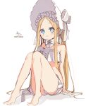  1girl abigail_williams_(fate/grand_order) abigail_williams_(swimsuit_foreigner)_(fate) absurdres bangs bare_arms bare_legs bare_shoulders barefoot bikini blonde_hair blue_eyes blush bonnet bow closed_mouth eyebrows_visible_through_hair fate/grand_order fate_(series) forehead full_body hair_bow highres knees_together_feet_apart knees_up long_hair looking_at_viewer parted_bangs shadow signature sitting sofra solo strapless strapless_bikini striped striped_bow swimsuit twintails twitter_username very_long_hair white_background white_bikini white_bow white_headwear 