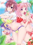  3girls bangs beach bikini breasts brown_eyes character_request collarbone earrings eyebrows_visible_through_hair flower food food_themed_earrings girls_bravo highres ice_cream jewelry large_breasts mario_kaneda multiple_girls navel open_mouth palm_tree pineapple_earrings pink_eyes pink_hair purple_hair shirt_lift short_hair swimsuit tagme tree two_side_up violet_eyes 