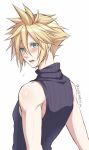 1boy bangs bare_arms bare_shoulders blonde_hair blue_eyes blush cloud_strife commentary_request embarrassed final_fantasy final_fantasy_vii hair_between_eyes hana_dji looking_at_viewer looking_to_the_side male_focus open_mouth simple_background sleeveless sleeveless_turtleneck solo spiky_hair toned turtleneck twitter_username upper_body white_background 