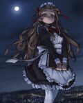  1girl apron black_dress blush book bow bowtie brown_eyes brown_hair dress feet_out_of_frame frilled_apron frilled_dress frills highres holding holding_book long_hair long_sleeves maid maid_apron maid_headdress moon night night_sky original outdoors pantyhose red_neckwear rinotuna sky solo star_(sky) starry_sky very_long_hair white_legwear 