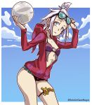  1girl absurdres alternate_costume ass badge ball beach beachball bikini bikini_top black_bikini blue_eyes breasts clouds forehead freckles gym_leader hair_bobbles hair_ornament highres hood hoodie pokemon pokemon_(game) pokemon_bw2 purple_bikini roxie_(pokemon) sky small_breasts solo soloungatonegro standing sunglasses swimsuit thighs topknot white_hair 