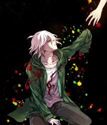  1boy 1other amputee arm_support bangs black_background blood blood_splatter brown_eyes brown_pants coat collarbone commentary_request dangan_ronpa_(series) dangan_ronpa_2:_goodbye_despair dark_background green_coat green_eyes green_jacket highres hood hood_down hoodie jacket komaeda_nagito long_sleeves looking_up male_focus miyuzu open_clothes open_coat pants profile reaching shirt silver_hair sitting smile tears wariza white_hair 