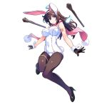  1girl animal_ears arm_strap bangs black_footwear black_gloves black_legwear blue_eyes breasts brown_hair bunny_tail dennou_tenshi_jibril fake_animal_ears fake_tail full_body gloves halo high_heels kuuchuu_yousai large_breasts long_hair official_art one-piece_swimsuit pantyhose pink_neckwear pumps rabbit_ears scarf school_swimsuit smile solo swimsuit tail thigh_strap transparent_background white_swimsuit wrist_cuffs 