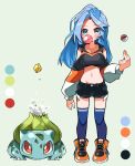  1girl black_shorts blue_eyes blue_hair blue_legwear blush borrowed_character breasts bubble_blowing bulbasaur chewing_gum clothing_cutout collarbone color_guide commission crop_top crossover cutoffs exposed_pocket full_body gen_1_pokemon highres hyou_(hyouga617) long_hair medium_breasts midriff minah_(chaesu) multicolored_sleeves navel original poke_ball poke_ball_(basic) pokemon pokemon_(creature) pokemon_(game) pokemon_rgby shoes shorts shoulder_cutout skeb_commission sneakers striped_sleeves thigh-highs 