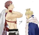  1boy 1girl ahoge artoria_pendragon_(all) blonde_hair blush crown emiya_shirou fate/grand_order fate/stay_night fate_(series) from_side limited/zero_over limited_palette looking_at_another looking_up matoba_(ga6life) redhead saber sengo_muramasa_(fate) shirtless signature simple_background toned toned_male upper_body white_background wristband 