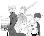  3boys archer commentary_request cu_chulainn_(fate)_(all) emiya_shirou fate/grand_order fate_(series) from_side gae_bolg holding igote lancer laundry laundry_basket limited/zero_over looking_at_another looking_back looking_to_the_side multiple_boys ponytail sengo_muramasa_(fate) shibanui simple_background sketch sweat white_background wristband 