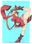 1girl ankle_boots bangs bare_shoulders blue_background boots brown_eyes brown_hair china_dress chinese_clothes commentary_request dress flexible full_body guilty_gear hair_ornament hair_ring hairclip high_heels highres kicking kuma_(jk0073) kuradoberi_jam leg_up looking_at_viewer open_mouth panties red_dress red_footwear shiny shiny_skin simple_background smile solo split thigh-highs twintails underwear white_panties wide_sleeves