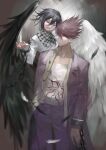  2boys :d absurdres bangs black_hair black_wings blood blood_from_mouth brown_background brown_hair chain checkered checkered_scarf collarbone commentary_request cowboy_shot cuffs dangan_ronpa_(series) dangan_ronpa_v3:_killing_harmony evil_smile facial_hair feathered_wings feathers goatee hand_in_pocket highres jacket long_sleeves looking_at_viewer male_focus mismatched_wings momota_kaito multicolored multicolored_background multiple_boys open_clothes open_jacket open_mouth open_shirt ouma_kokichi pants pink_eyes pink_jacket pink_pants print_shirt qianhai scarf shackles shirt short_hair smile straitjacket violet_eyes white_background white_jacket white_shirt white_wings wings 