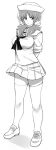  1girl alternate_hairstyle alternate_legwear arms_behind_back bangs blouse blush commentary dixie_cup_hat eyebrows_visible_through_hair frown full_body girls_und_panzer greyscale hair_ornament hair_over_shoulder hair_scrunchie hat highres loafers long_hair long_sleeves looking_at_viewer military_hat miniskirt mityubi monochrome murakami_(girls_und_panzer) neckerchief ooarai_naval_school_uniform parted_lips pleated_skirt sailor sailor_collar school_uniform scrunchie shoes skirt sleeves_rolled_up solo standing thigh-highs twintails 