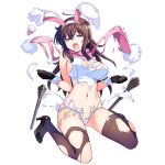  1girl animal_ears black_footwear black_gloves blue_eyes breasts brown_hair brown_legwear dennou_tenshi_jibril eyebrows_visible_through_hair fake_animal_ears full_body gloves halo high_heels kuuchuu_yousai large_breasts long_hair navel official_art open_mouth pink_neckwear pumps rabbit_ears scarf school_swimsuit solo swimsuit thigh-highs torn_clothes transparent_background white_swimsuit wrist_cuffs 
