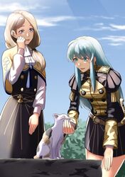  2girls alternate_costume cat cowboy_shot eirika_(fire_emblem) fire_emblem fire_emblem:_the_sacred_stones fire_emblem:_three_houses garreg_mach_monastery_uniform highres long_hair mercedes_von_martritz multiple_girls petting shawl sheath sheathed sukkirito_(rangusan) sword weapon 