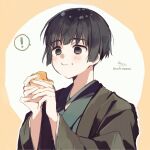  ! 1boy :t axis_powers_hetalia bangs black_eyes black_hair black_kimono brown_background closed_mouth eating eyebrows_visible_through_hair food food_on_face highres holding holding_food japan_(hetalia) japanese_clothes kimono long_sleeves looking_away male_focus open_clothes signature sofra solo spoken_exclamation_mark twitter_username two-tone_background upper_body wavy_mouth white_background wide_sleeves 