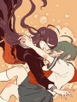  2girls ahoge black_hair blush closed_eyes dangan_ronpa_(series) dangan_ronpa_another_episode:_ultra_despair_girls fukawa_touko glasses green_hair hair_ornament hairpin hug kiri_(2htkz) kneehighs long_hair long_sleeves multiple_girls naegi_komaru open_mouth pleated_skirt red_neckwear school_uniform serafuku short_hair short_sleeves skirt smile sweat torn_clothes white_legwear yuri 