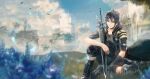  1boy akebono48 black_hair black_jacket boots castle clouds final_fantasy final_fantasy_xv floating_island flower gloves grass highres jacket jewelry noctis_lucis_caelum petals ring single_glove sitting smile solo sword weapon 