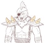  1boy :d animal_ear_fluff animal_ears armor commentary_request eyepatch fox_ears fur_collar highres kemomimi-chan_(naga_u) looking_at_viewer male_focus mohawk monochrome naga_u open_mouth original pauldrons shoulder_armor simple_background smile solo upper_body white_background 