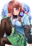  1girl absurdres adjusting_hair arm_support bangs black_jacket blue_cardigan blue_eyes blue_flower breasts brown_hair cardigan closed_mouth eyebrows_visible_through_hair eyes_visible_through_hair flower go-toubun_no_hanayome green_skirt hair_between_eyes headphones headphones_around_neck highres jacket knee_up large_breasts long_hair long_sleeves looking_at_viewer nakano_miku off_shoulder pantyhose pleated_skirt shirt simple_background sitting skirt smile solo wachiroku_(masakiegawa86) white_background white_shirt 