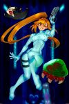  1girl angrorosenpai arm_up bangs blonde_hair blue_eyes borrowed_character breasts cosplay eyebrows_visible_through_hair floating_hair full_body gun highres holding holding_gun holding_weapon long_hair medium_breasts metroid metroid_(creature) one_eye_closed original parted_lips samatha_(admiralbahroo) samus_aran samus_aran_(cosplay) smile solo very_long_hair weapon zero_suit 