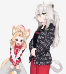  2girls ahoge animal_ears bangs_pinned_back black_jacket black_shirt blonde_hair closed_mouth commentary drip_(meme) earrings english_commentary fox_ears fox_tail grey_eyes grey_hair grey_pants highres hololive jacket jewelry letterman_jacket lion_ears lion_tail long_hair long_sleeves looking_at_viewer multicolored_hair multiple_girls necklace omaru_polka open_mouth pants parody red_jacket red_pants shirt shishiro_botan signature simple_background streaked_hair supreme tail twintails v_arms violet_eyes white_background yoako 