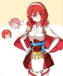  &gt;o&lt; 3girls blush bow capelet cosplay costume_switch elbow_gloves fire_emblem fire_emblem:_mystery_of_the_emblem fire_emblem_fates gloves hairband hands_on_hips heart highres kawazu_(pixiv22469761) kwz_ini maria_(fire_emblem) minerva_(fire_emblem) multiple_girls red_eyes redhead sakura_(fire_emblem) skirt white_gloves 