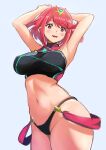  1girl armpits arms_up bare_shoulders belly blue_background blush breasts eyebrows eyebrows_visible_through_hair eyelashes highres jewelry large_breasts looking_at_viewer navel open_mouth panties pyra_(xenoblade) red_eyes redhead short_hair simple_background solo swimsuit teeth tongue underwear xenoblade_chronicles_(series) xenoblade_chronicles_2 yuuuun0218 