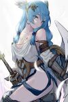  1girl ass bangs bare_shoulders black_eyes blue_hair breasts detached_sleeves gauntlets long_hair looking_at_viewer original parted_lips sheath sheathed shield solo sword symbol-shaped_pupils walzrj weapon wings 