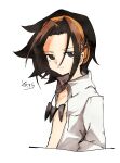  1boy absurdres asakura_you black_hair brown_hair closed_mouth collared_shirt cropped_torso headphones highres huge_filesize light_smile looking_at_viewer male_focus multicolored_hair open_clothes open_shirt shaman_king shirt signature simple_background sofra solo two-tone_hair upper_body white_background white_shirt 