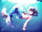  1girl air_bubble black_hair blue_eyes blurry blush bubble cyclops dated depth_of_field fingernails from_side head_fins lying mermaid monster_girl muroku_(aimichiyo0526) on_back one-eyed open_mouth original pasties signature solo star_pasties swimming underwater 