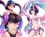  absurdres arm_guards bikini black_fundoshi breasts chinese_clothes cosplay curvy dudou eyeliner eyepatch_bikini fate/grand_order fate_(series) forehead_jewel fundoshi headpiece highres horns japanese_clothes large_breasts long_hair low-tied_long_hair makeup minamoto_no_raikou_(fate/grand_order) minamoto_no_raikou_(swimsuit_lancer)_(fate) minamoto_no_raikou_(swimsuit_lancer)_(fate)_(cosplay) oni oni_horns purple_bikini purple_hair revealing_clothes short_eyebrows shuten_douji_(fate/grand_order) shuten_douji_(halloween_caster)_(fate) shuten_douji_(halloween_caster)_(fate)_(cosplay) side-tie_bikini silvamaria skin-covered_horns small_breasts strapless strapless_bikini swimsuit thai_commentary very_long_hair violet_eyes 